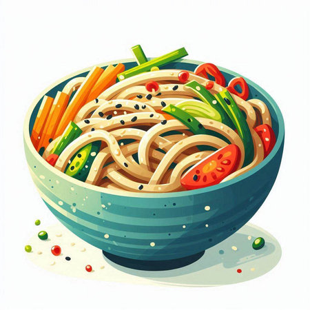 Vegetarian noodle in bowl with vegetables. Vector illustration.のイラスト素材
