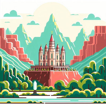 Castle on the background of mountains. Vector illustration in retro styleのイラスト素材