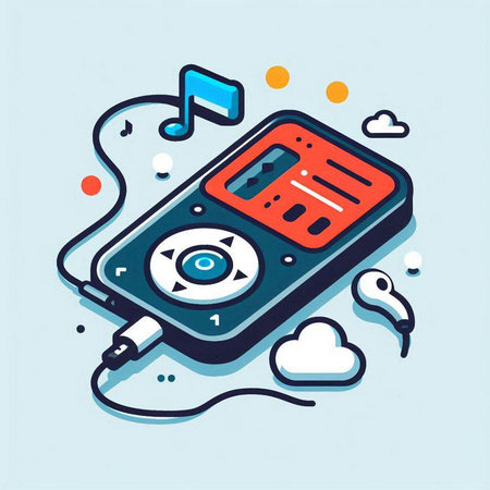 Music player with headphones. Vector illustration in line art style on blue background.のイラスト素材