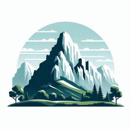 Mountain landscape with trees and clouds in retro style, vector illustrationのイラスト素材
