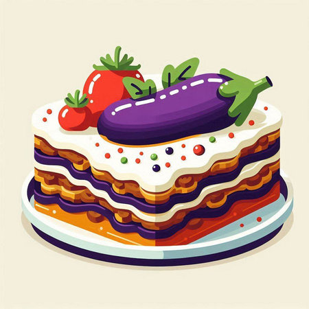 Vegetable cake with eggplant, carrot, tomato, zucchini. Vector illustration.のイラスト素材