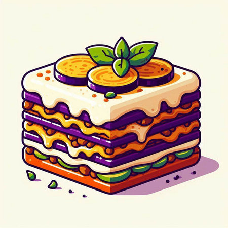 Illustration of a layered lasagna with basil leaves and eggplantのイラスト素材