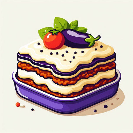 Illustration of a delicious lasagna with black olives and tomatoesのイラスト素材