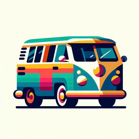 Retro bus with colorful design. Vector illustration on white background.のイラスト素材