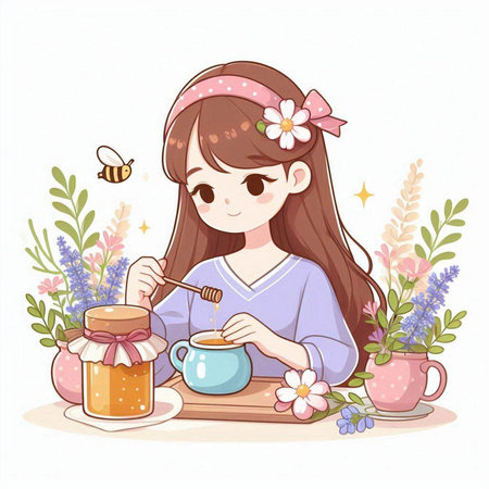 Cute young girl with honey and tea. Vector cartoon illustration.のイラスト素材