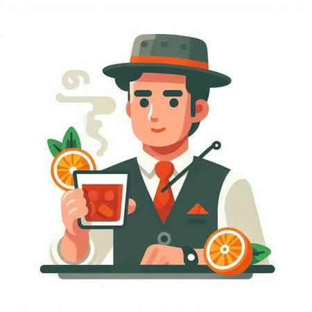 Vector illustration of a man in a hat with a glass of orange juice.のイラスト素材