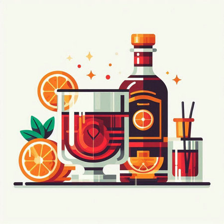 Cocktail glass and bottle with alcohol drink. Vector illustration.のイラスト素材