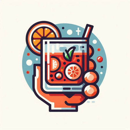 Hand holding a glass of cocktail with a slice of orange and a straw. Vector illustration.のイラスト素材