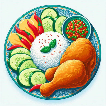 Illustration of fried chicken with rice and vegetables on a plate.のイラスト素材