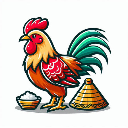 Rooster with rice bowl isolated on white background, vector illustration.のイラスト素材