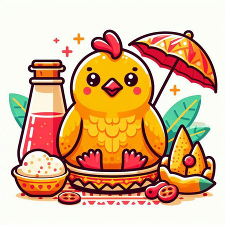 Cute chicken with food and drink. Vector illustration in cartoon style.のイラスト素材