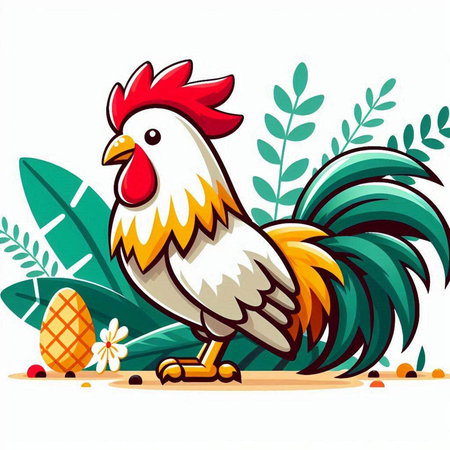 Rooster on a background of tropical leaves. Vector illustration in cartoon style.のイラスト素材