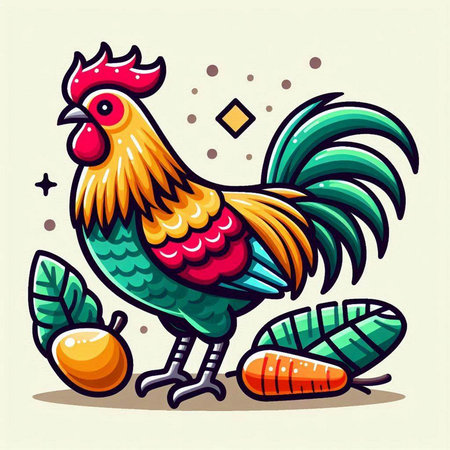 Colorful rooster with carrot and egg. Vector illustration in cartoon style.のイラスト素材