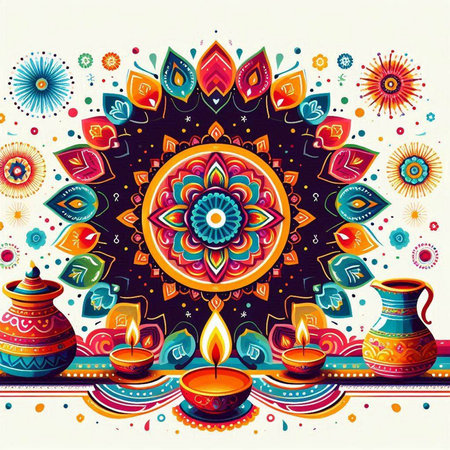 Indian festival Diwali greeting card with mandala. Vector illustrationのイラスト素材