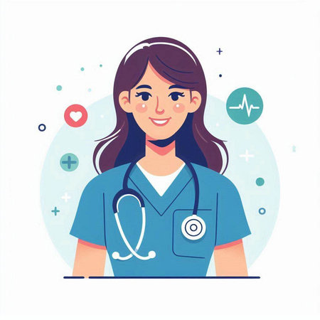 Young female doctor with stethoscope. Vector illustration in flat styleのイラスト素材