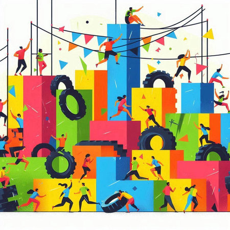 Teamwork concept. Business people running in the city. Flat vector illustration.のイラスト素材