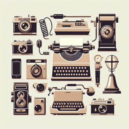 Retro and vintage typewriter and camera icons. Vector illustration.のイラスト素材
