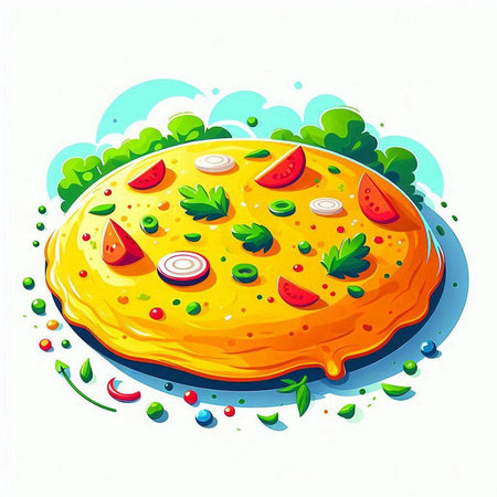 Illustration of pizza with tomato, onion, pepper and parsleyのイラスト素材