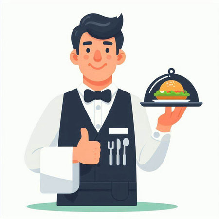 Waiter holding a tray of food and showing thumbs up. Vector illustrationのイラスト素材