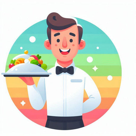 Waiter holding a tray of food. Vector illustration in cartoon styleのイラスト素材