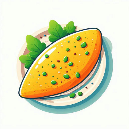 Illustration of a slice of mango on a plate with greens.のイラスト素材