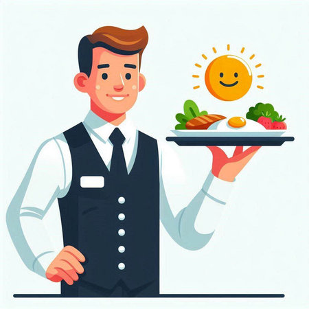 Smiling waiter holding a tray with food. Vector illustration in cartoon style.のイラスト素材