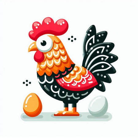 Cute cartoon rooster with egg on white background. Vector illustration.のイラスト素材