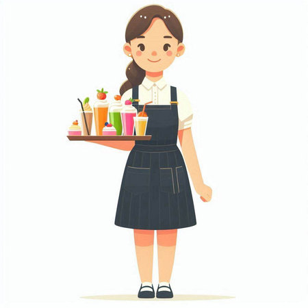 Young waitress with tray of food. Vector illustration in cartoon style.のイラスト素材