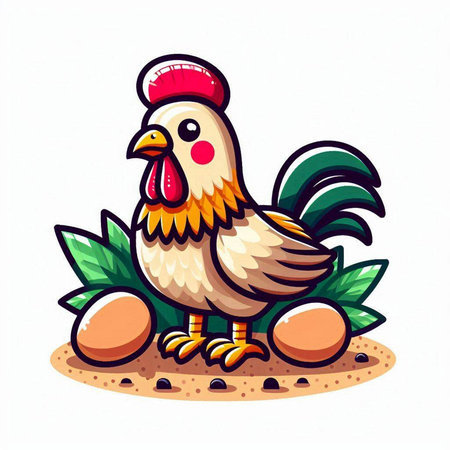 Cute rooster with eggs on white background. Vector illustration.のイラスト素材