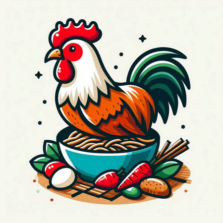 Vector illustration of Rooster in bowl with rice noodles and vegetables.のイラスト素材