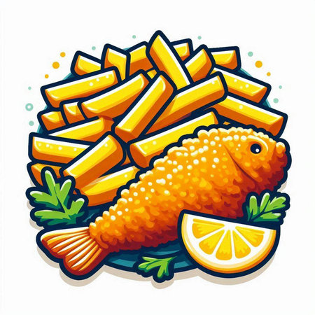 Fish and chips, fried fish with lemon and parsley, vector illustrationのイラスト素材