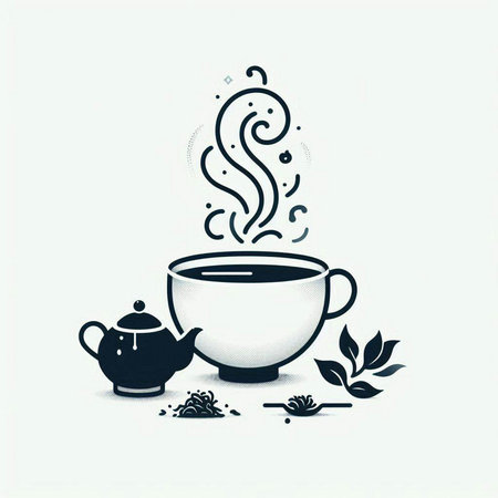 Cup of tea with teapot and leaves. Vector illustration.のイラスト素材