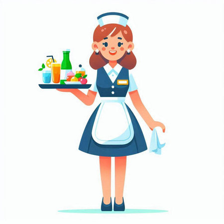 Hotel maid holding tray with food. Vector illustration in cartoon styleのイラスト素材