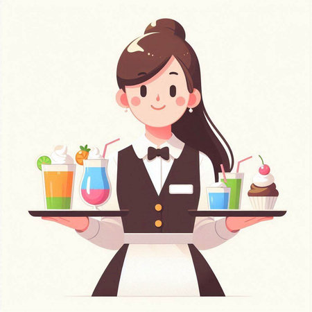 Cute waitress holding tray with different cocktails. Vector illustration in cartoon style.のイラスト素材