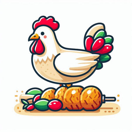 Roast chicken with rooster on skewer. Vector illustration.のイラスト素材