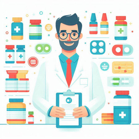 Doctor with clipboard and medical icons. Vector illustration in a flat styleのイラスト素材