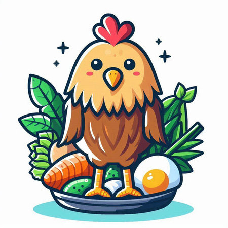 Illustration of a Cute Chicken Cartoon Character with Eggs and Vegetablesのイラスト素材