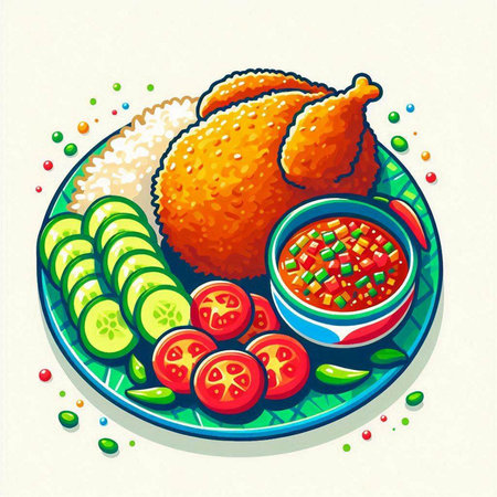 Illustration of fried chicken with tomato sauce and cucumber on a plateのイラスト素材