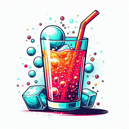 Cocktail with ice cubes and straw, hand drawn vector illustrationのイラスト素材