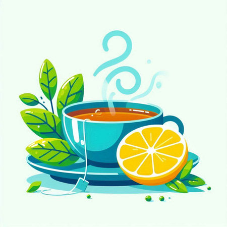 Cup of tea with lemon and mint leaves. Vector illustration.のイラスト素材