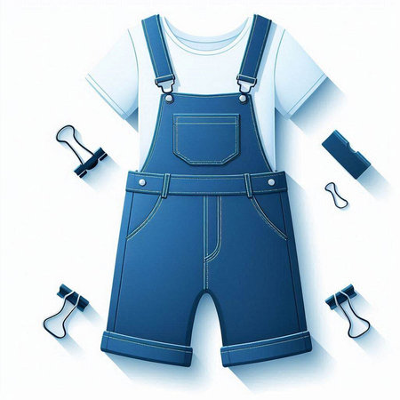 Blue denim overalls with clip isolated on white background. Vector illustration.のイラスト素材