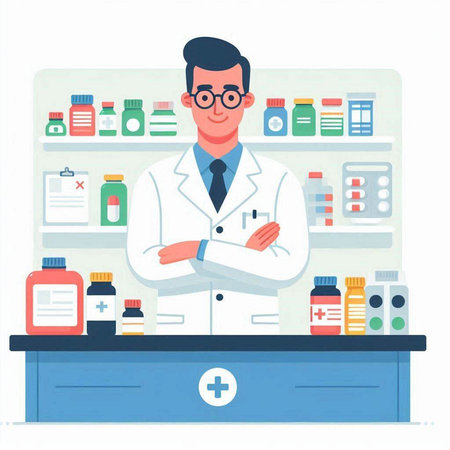Pharmacist standing at the counter in the drugstore. Vector flat illustrationのイラスト素材