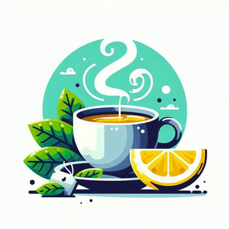 Cup of tea with lemon and mint leaves. Vector illustration.のイラスト素材