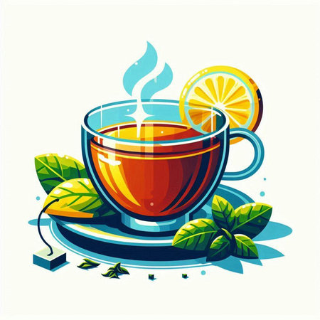 Cup of tea with lemon and mint leaves. Vector illustration.のイラスト素材