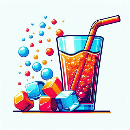 Colorful illustration of a glass of juice with ice cubes and a straw.のイラスト素材