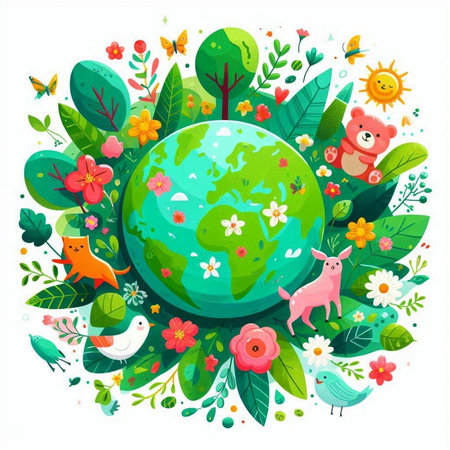 Vector illustration of the planet earth surrounded by flowers, butterflies and animalsのイラスト素材