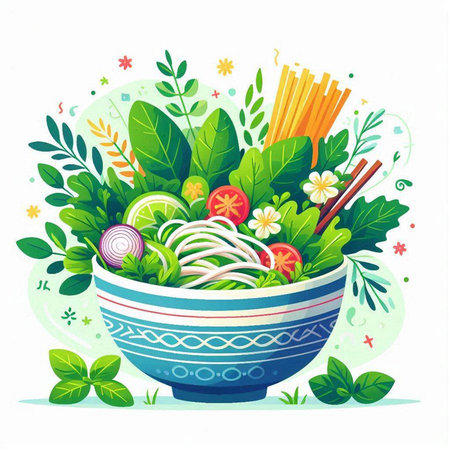 Bowl of fresh vegetable salad with chopsticks. Vector illustration.のイラスト素材