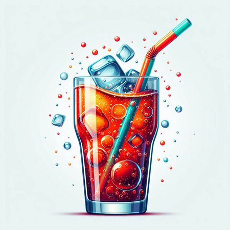 Vector illustration of a glass of cola with ice cubes and strawのイラスト素材