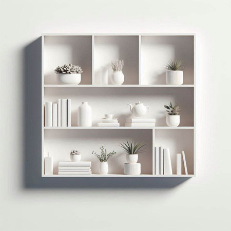 White bookshelves with plants and vases. 3d renderingのイラスト素材