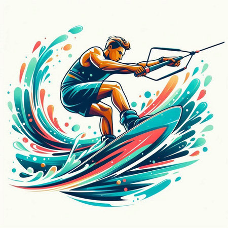 illustration of a man on a water skiing with a surfboardのイラスト素材